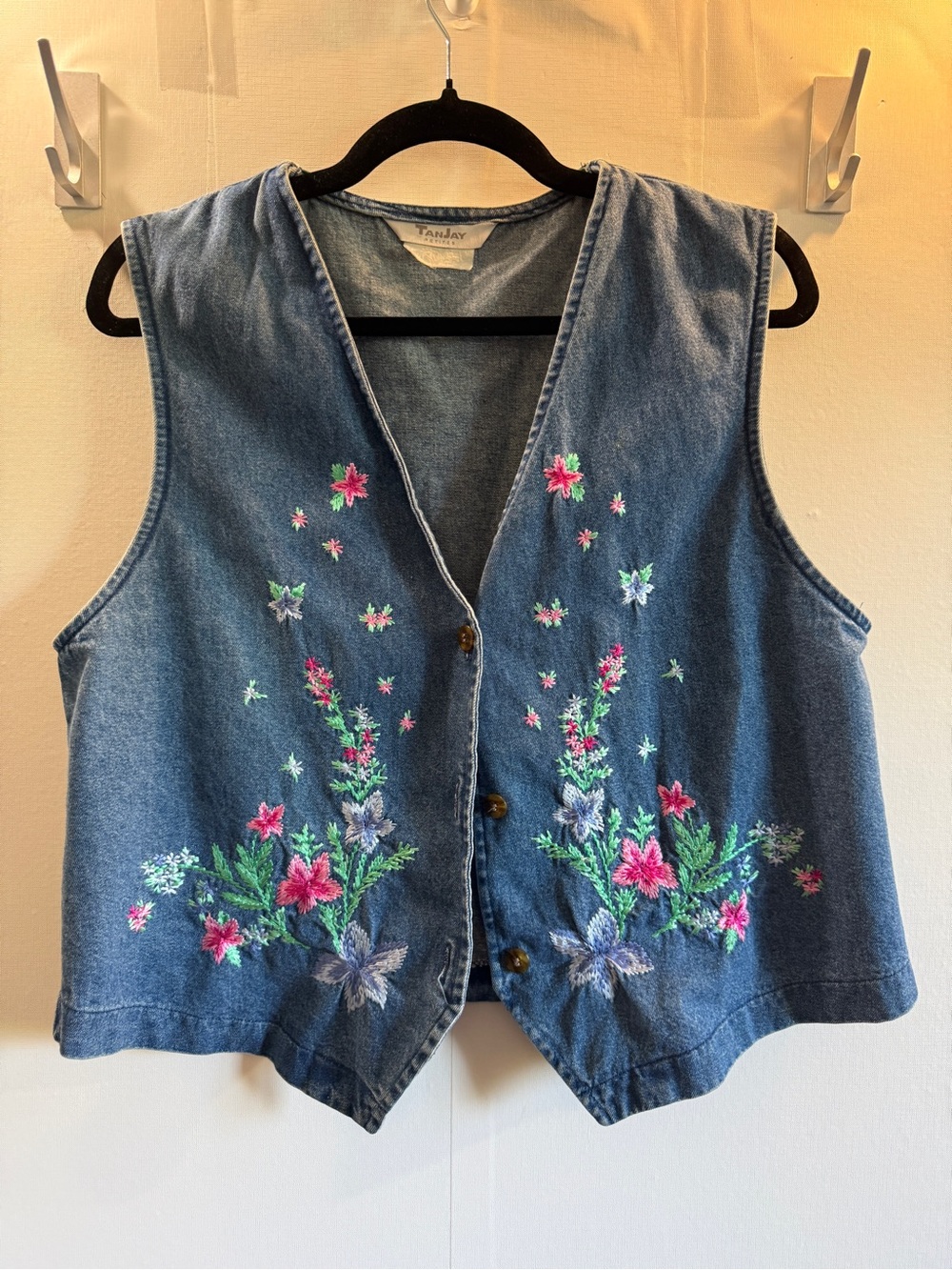 Vintage Tanjay Denim Vest Embroidered Floral 100% Cotton L Petite Cottagecore